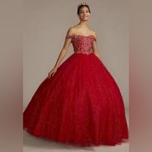 FIFTEEN ROSES
Red off-the-shoulder beaded quince ball gown size 14